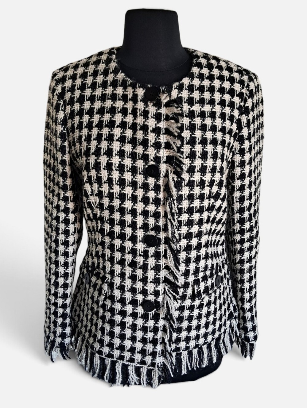 Tagliatore Women's Black White Houndstooth Fringe Wool Jacket Blazer